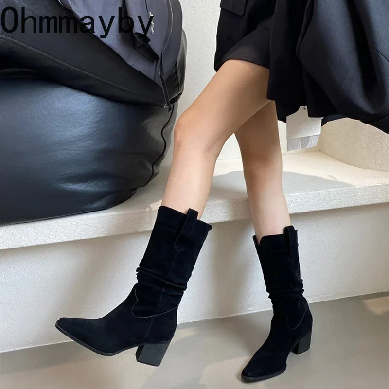 Vintage Suede Women Western Cowgirl Boots Fashion Slip On Shoes Autumn Winter Thick Heel Ladies Mid Calf Booties