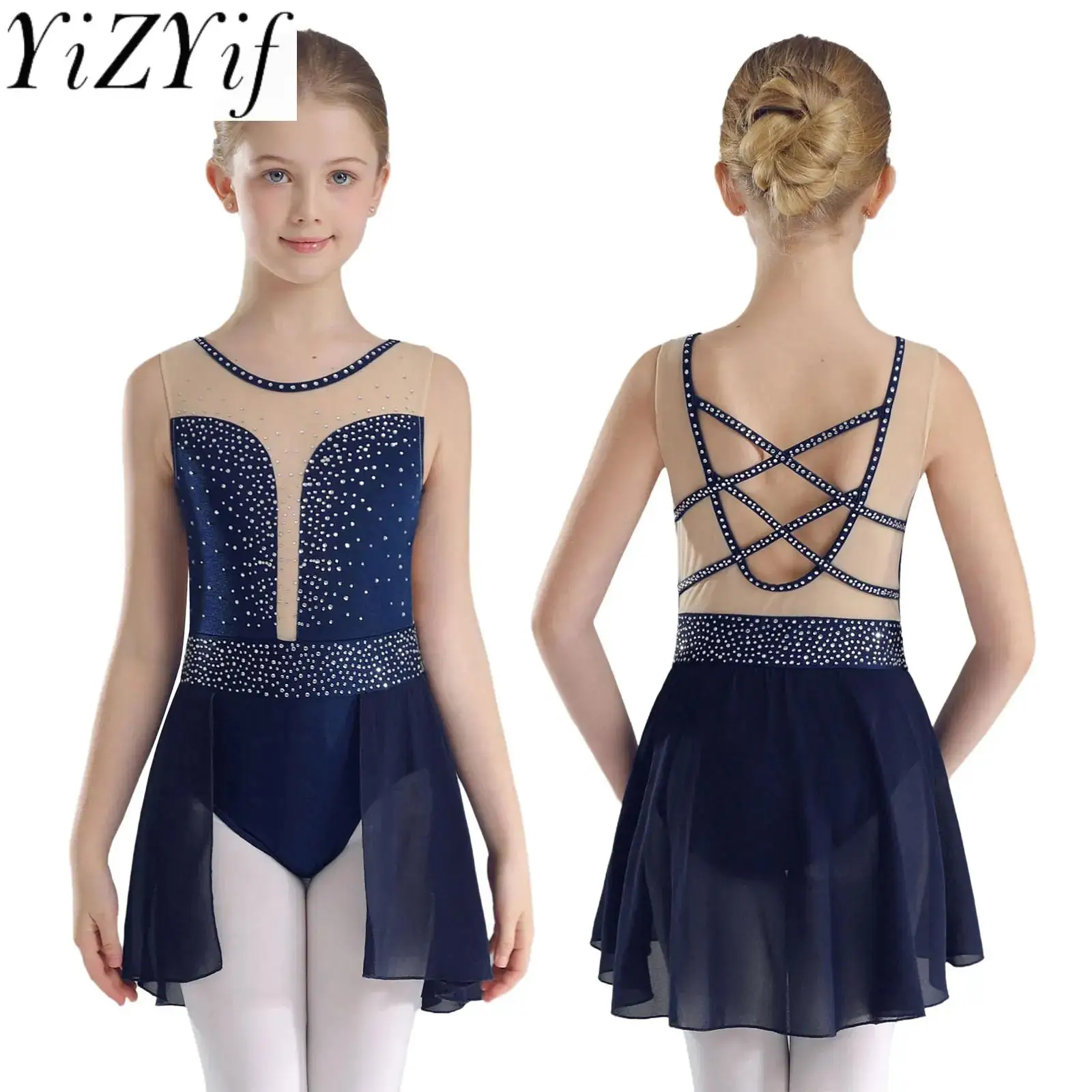 Vestido de collant sem mangas para crianças, tutu para meninas, collant para ballet e ginástica, strass brilhante, performance de dança lírica