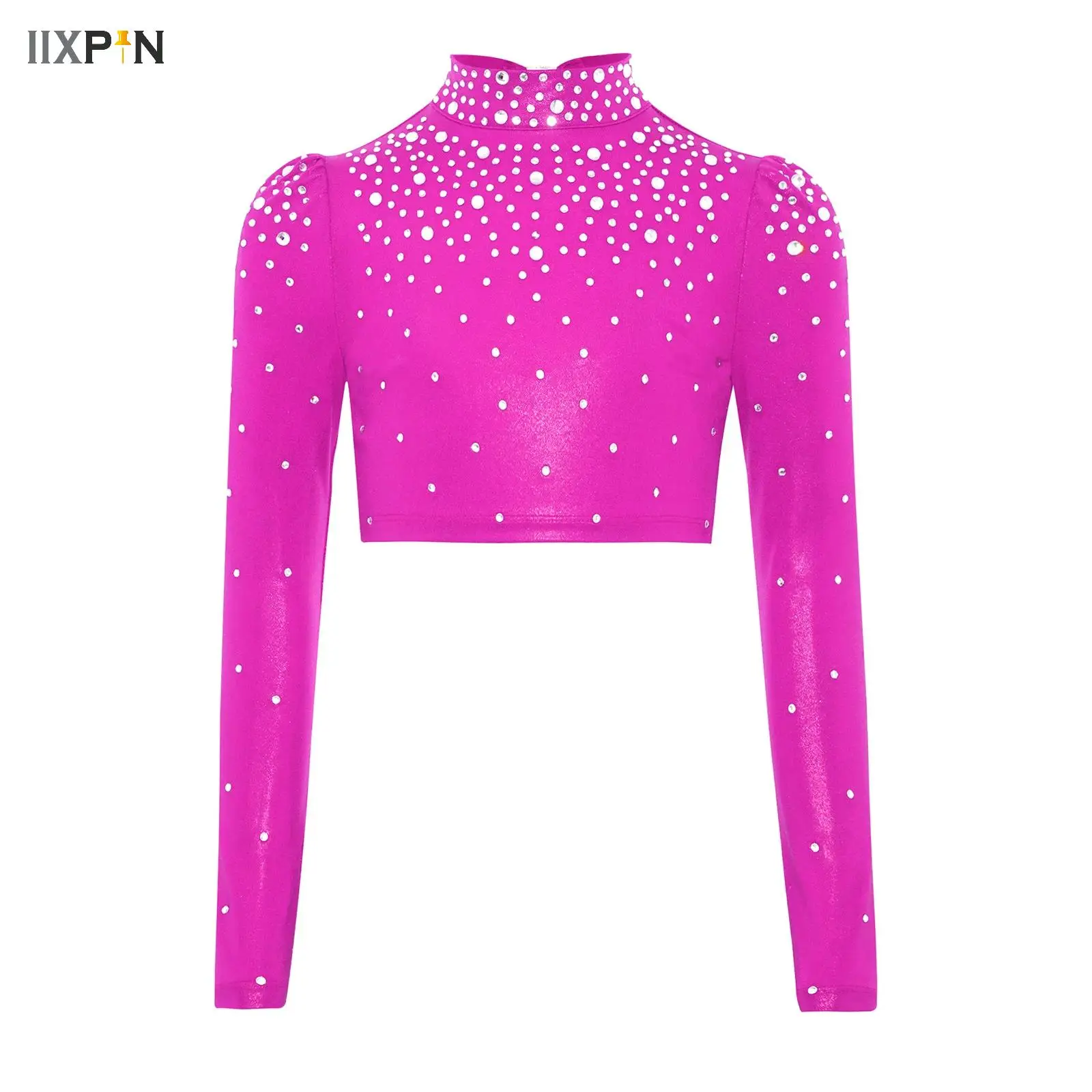 

Girls Glitter Dance Top Shiny Rhinestone Long Sleeve Crop Top Ballroom Ballet Performance Costume for Latin Jazz Cheerleading