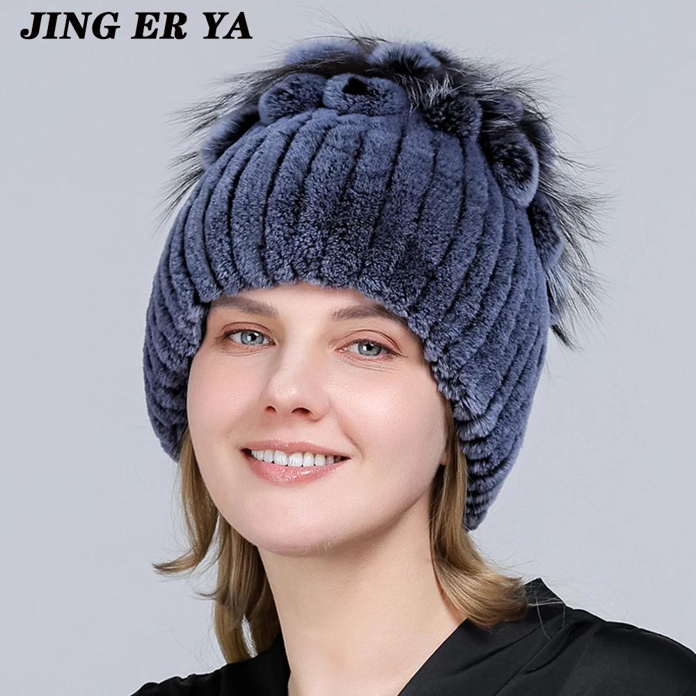 JERYAFUR Fur Hats for Women Winter Real Rex Rabbit Hat Fox Fur Kniting Female Warm Snow Caps Ladies Elegant Princess Beanies Cap