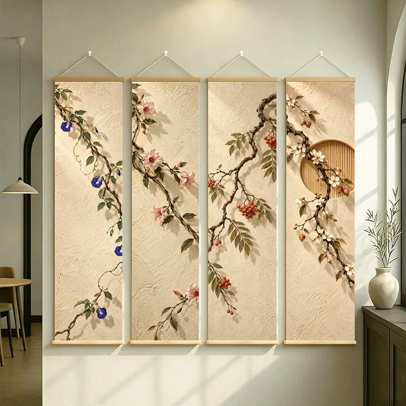 Wall Art Butterfly Pea and Crabapple Berry, Calm Wabi-Sabi Silver Shimmer Canvas Hanging Scroll for Peaceful Reading Nook