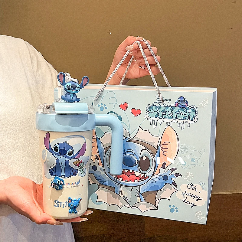 Taza Termo Stitch de acero inoxidable de Anime, taza de luchador de hielo, separación de agua y té, taza con pajita portátil de gran capacidad, regalos de juguete de moda