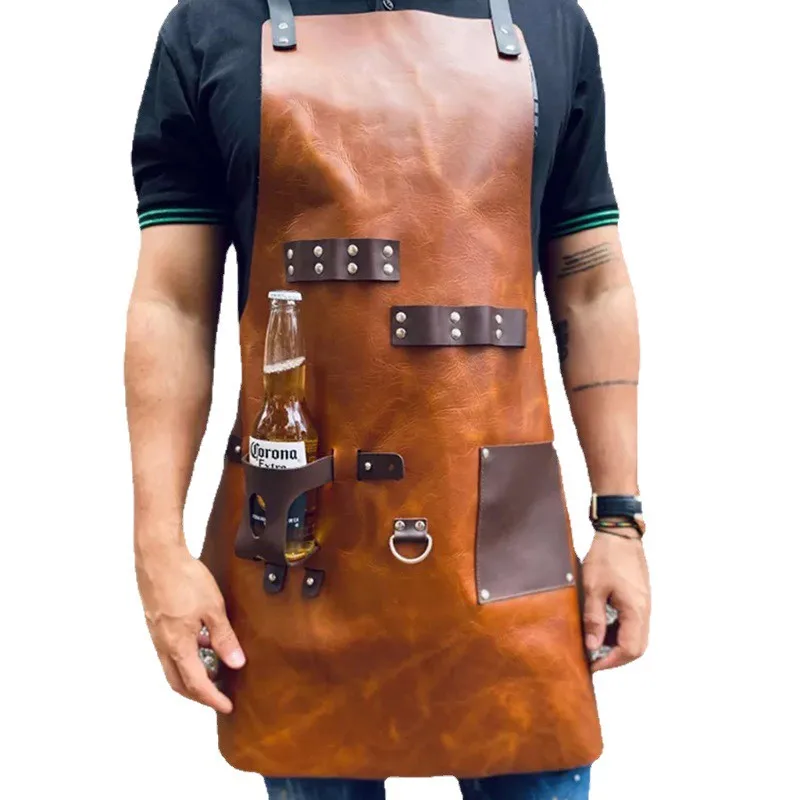 Outdoor PU Leather Apron Outdoor BBQ Beer Bottle Cover Multi Functional Men's Work Leather Apron