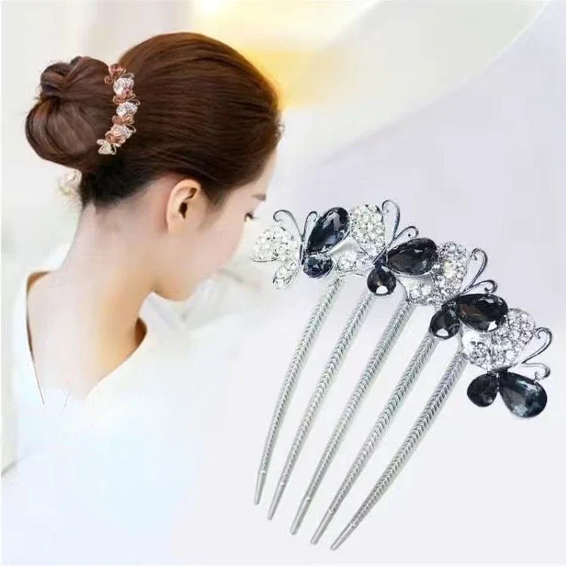 Fashion Zircon Butterfly Five Toothed Hairpin Bride Hair Accessories for Women Retro Luxury Alloy Hair Comb Mom's Headwear Gift