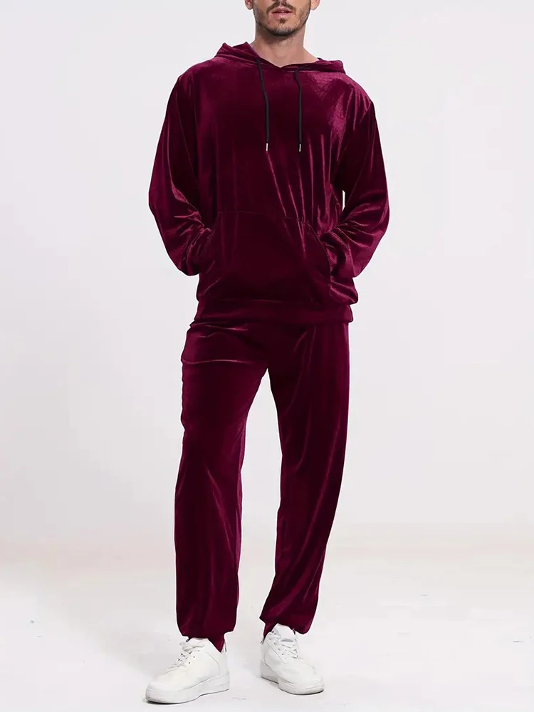 Fashion Solid Color Velvet Two Piece Sets Mens Fall Winter Casual Long Sleeve Hoodie And Pants Outfit Men Clothing Vintage Suits
