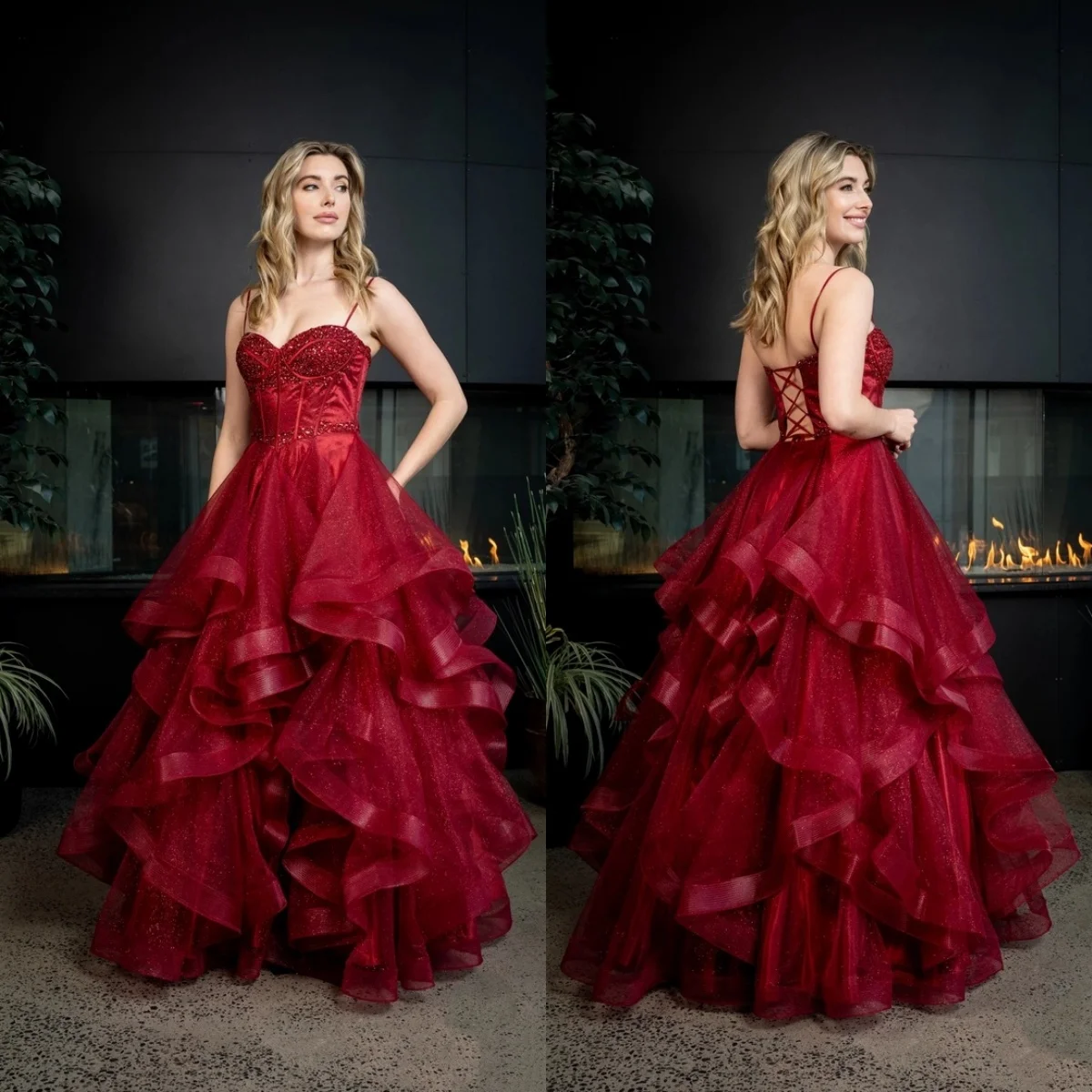 Vestidos de fiesta románticos de color rojo vino para mujer, Vestidos de gala con apliques de encaje de princesa, Vestidos de fiesta personalizados sin mangas con gradas