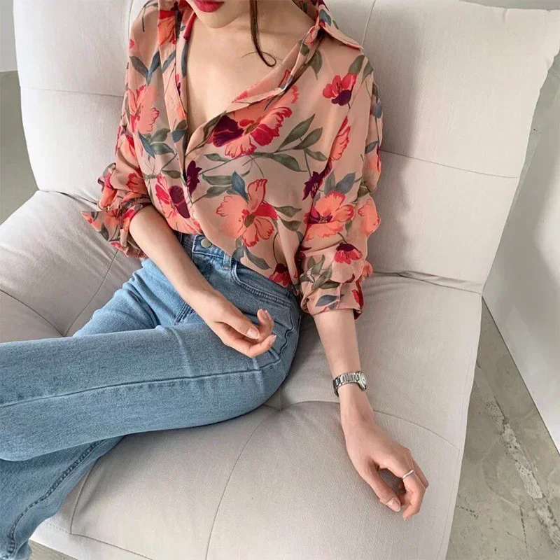 

Spring Summer Casual Fashion Floral Print Long Sleeve Chiffon Shirt Women Sweet All-match Oversized Blouse Female Cardigan Top