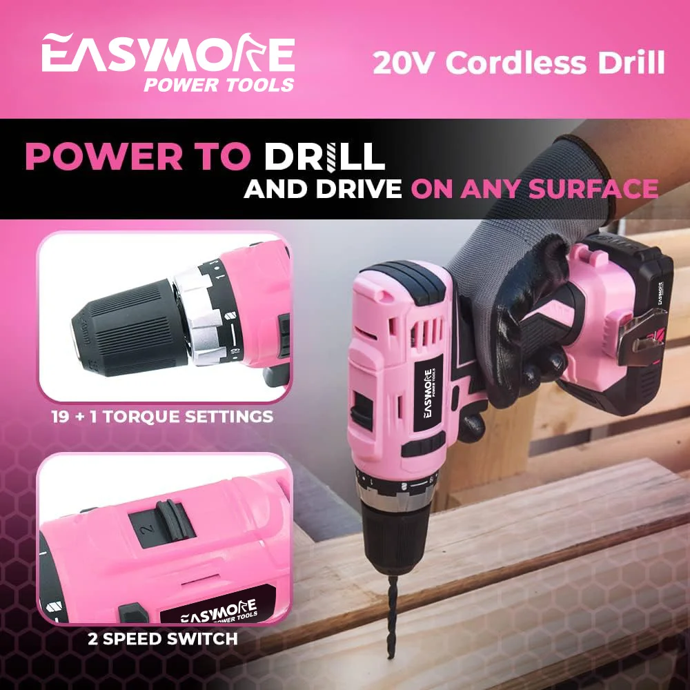 wireless power hand pink drill 20v cordless lithium electric drill set with battery and charger