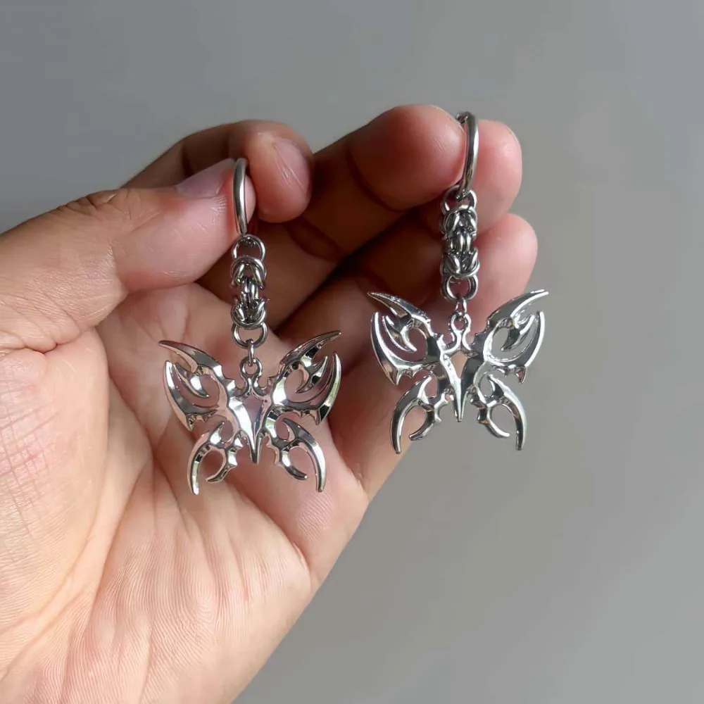 Y2K Thorn Butterfly Hoop Earrings for Women Men Punk Gothic Spike Hollow Dangle Earrings Cool Streetwear Unisex Metal Jewelry