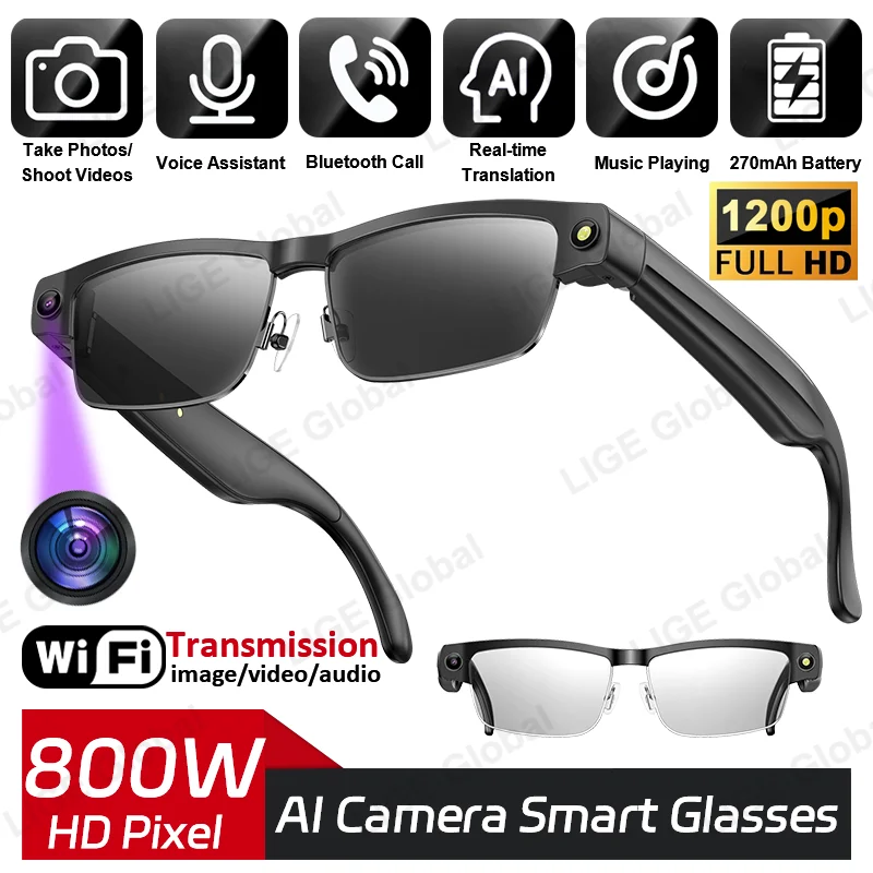 LIGE New AI 800W Camera Smart Sunglasses Bluetooth Voice Call Music Smart Video Sound Record Translation Anti-Blue Light Glasses