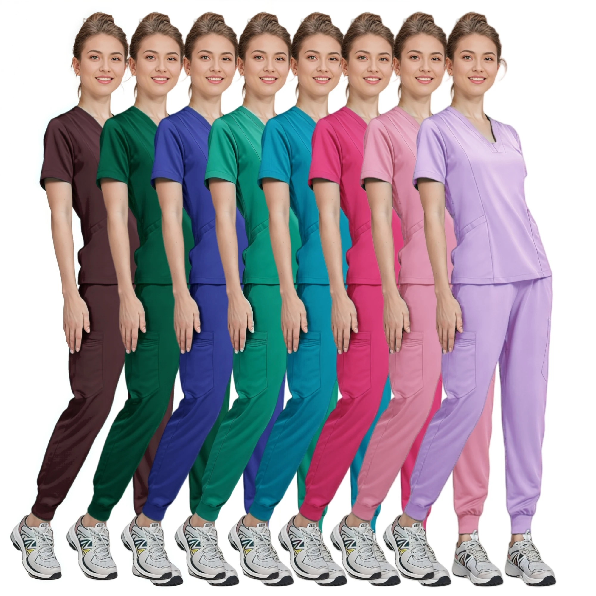 Women Fashion Scrubs Stretchy V-Neck Tops Multi Pockets Pants Surgical Nurse Uniforms Medical T-shirt Jogger Pants Scrubs Sets