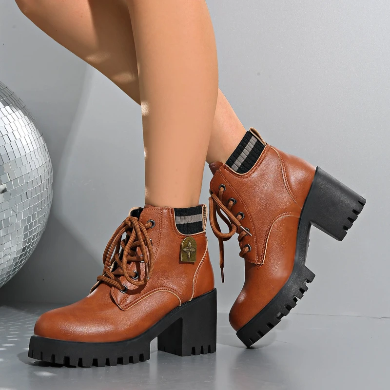 

Осень-зима 2023, новые женские ботинки на шнуровке, модные женские ботинки в европейском и американском стиле, увеличивающие рост, нескользящая женская обувь