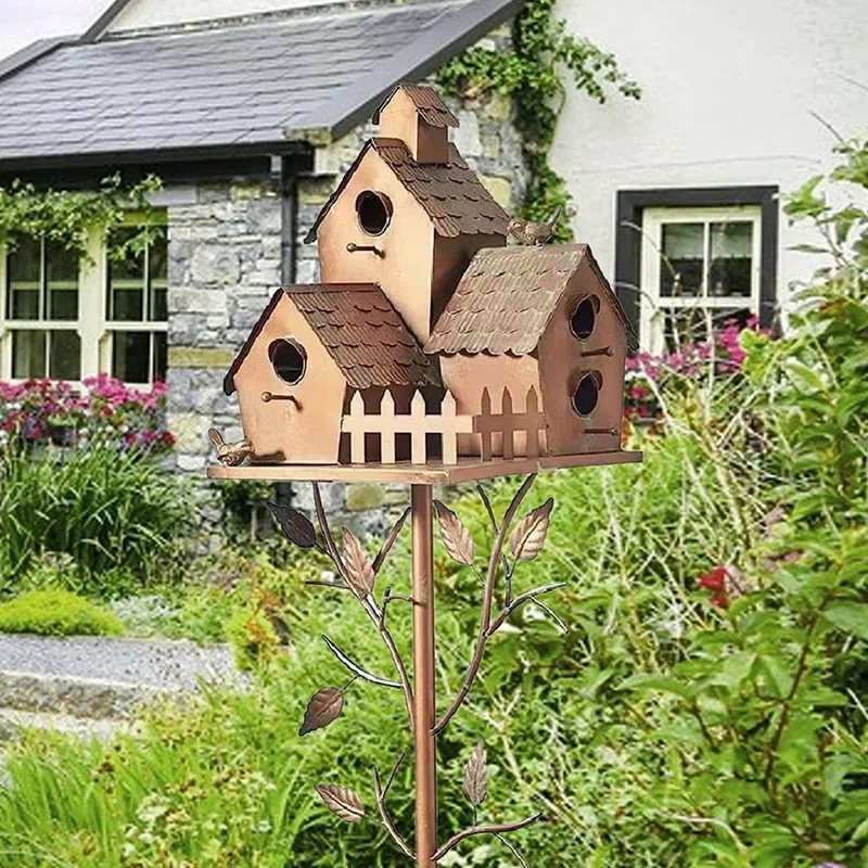 Garden Bird House with Pole Metal Bird Feeders Garden Stakes Bird Houses for Courtyard Backyard Patio Outdoor Style C