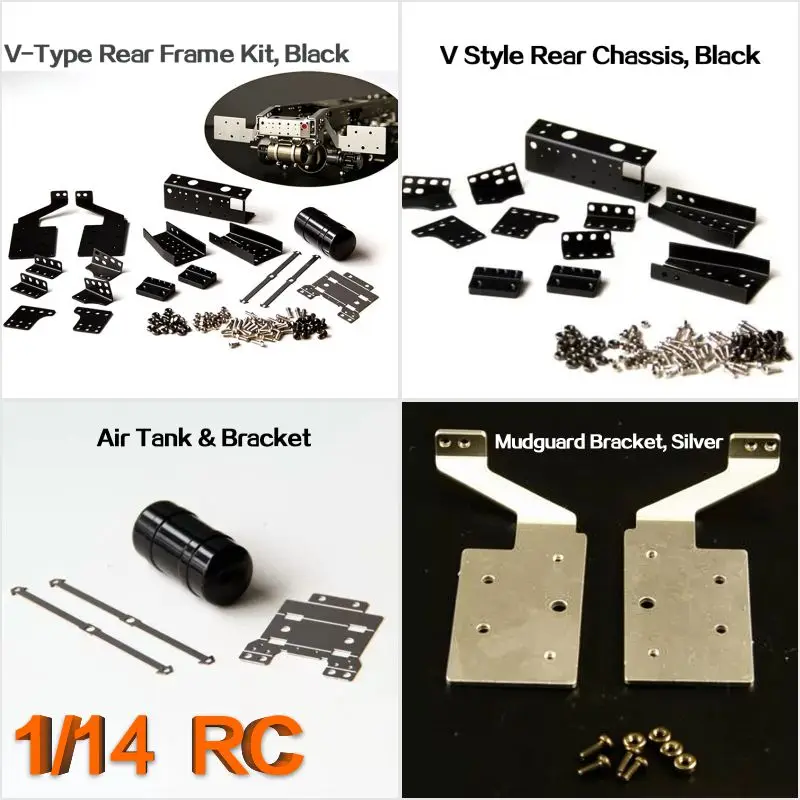 Metal Simulation V Style Rear Chassis, Rear Chassis + Air Tank + Mudguard Bracket for Tamiya 1/14 RC Truck for SCANIA for Volvo