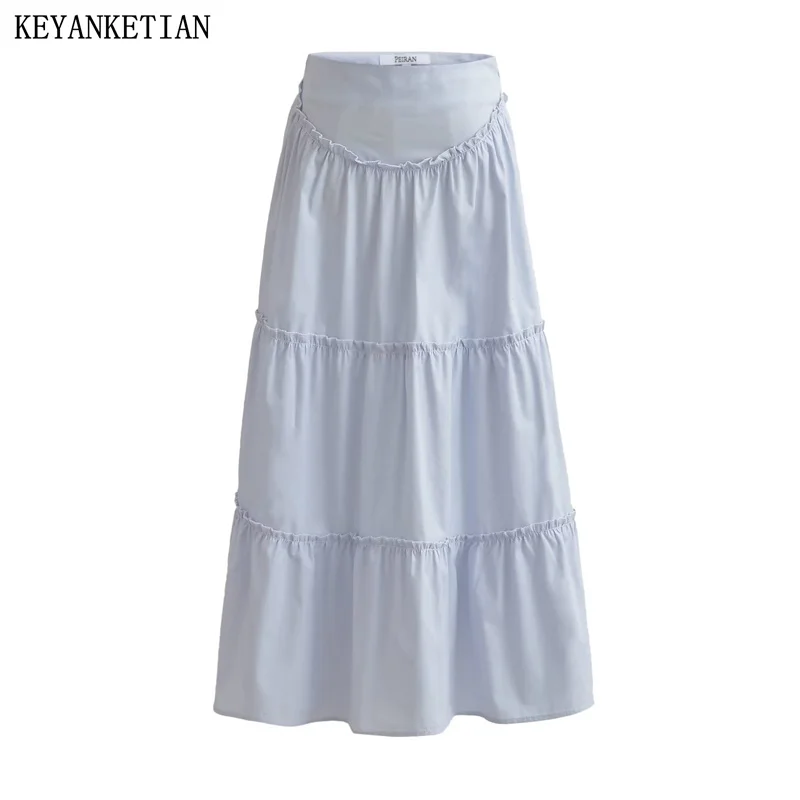 

KEYANKETIAN Winter New Women's Cascading Ruffles Seam Detail Sky Blue Skirt Korean Basic Side Zipper A Line Mid-Calf MIDI Skirt