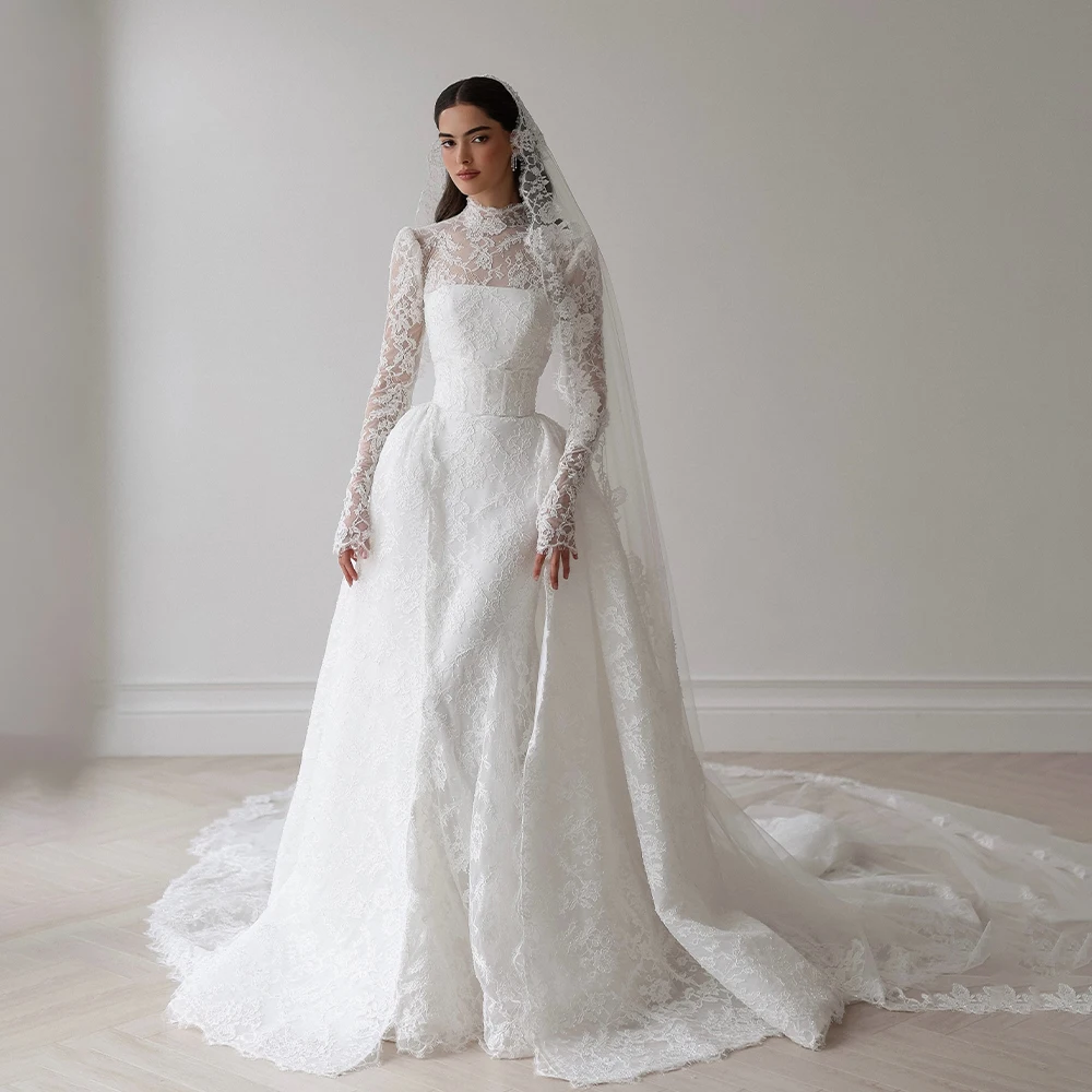 2 in 1 Wedding Dresses High Neck Long Sleeve Mermaid Lace Bride Dress for Women Detachable Train White Bridal Gowns Customized
