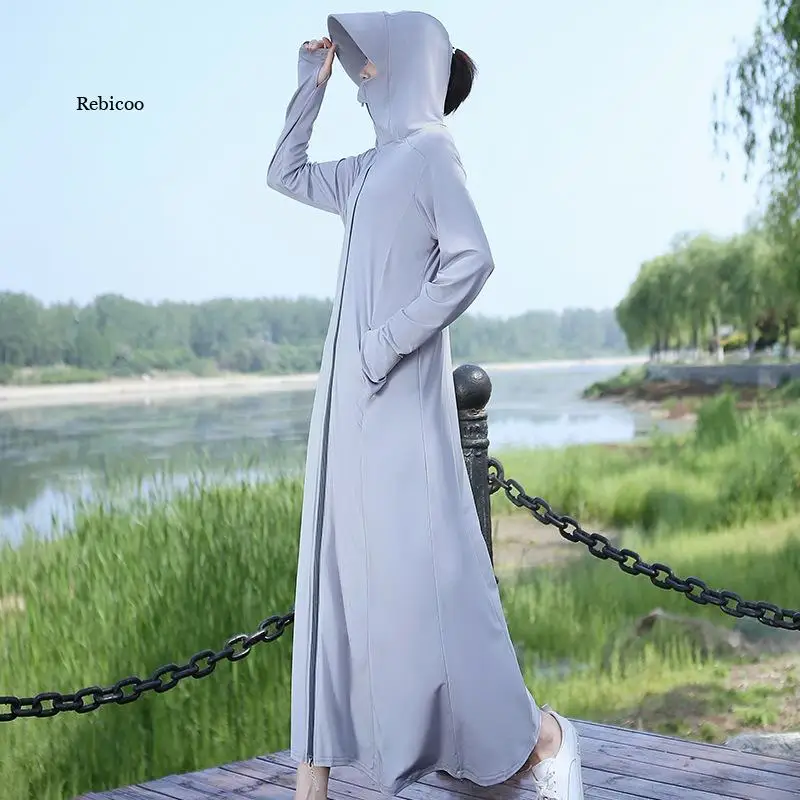 

Fashion Outdoor Thin Sun Protection Clothing Womens Anti-Uv Breathable Summer Jacket Hooded Ice Silk Beach Long Coats New