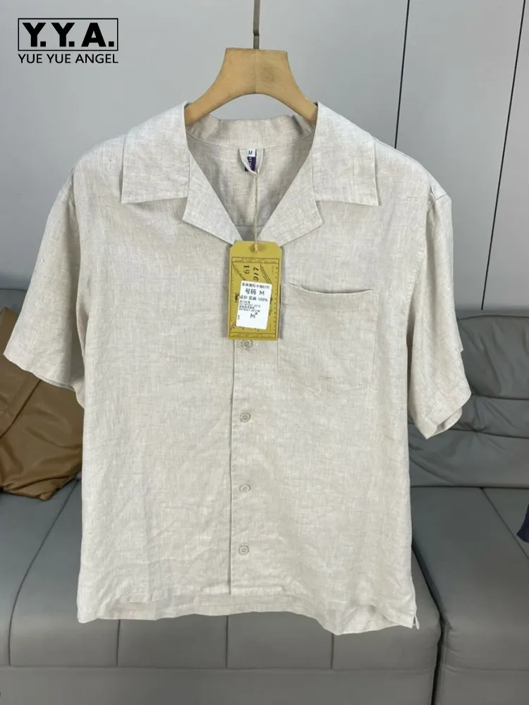

Hot Sale Mens Summer Short Sleeve Loose Linen Shirt Solid Color Classic Cuban Collar Shirts Single Breasted Thin Breathable Tops