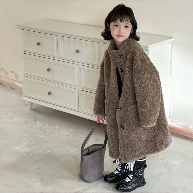 Autumn and Winter New Children's 2025 Imitation Wool Fur Integrated Medium Long Solid Color Stand up Collar Thick Coat