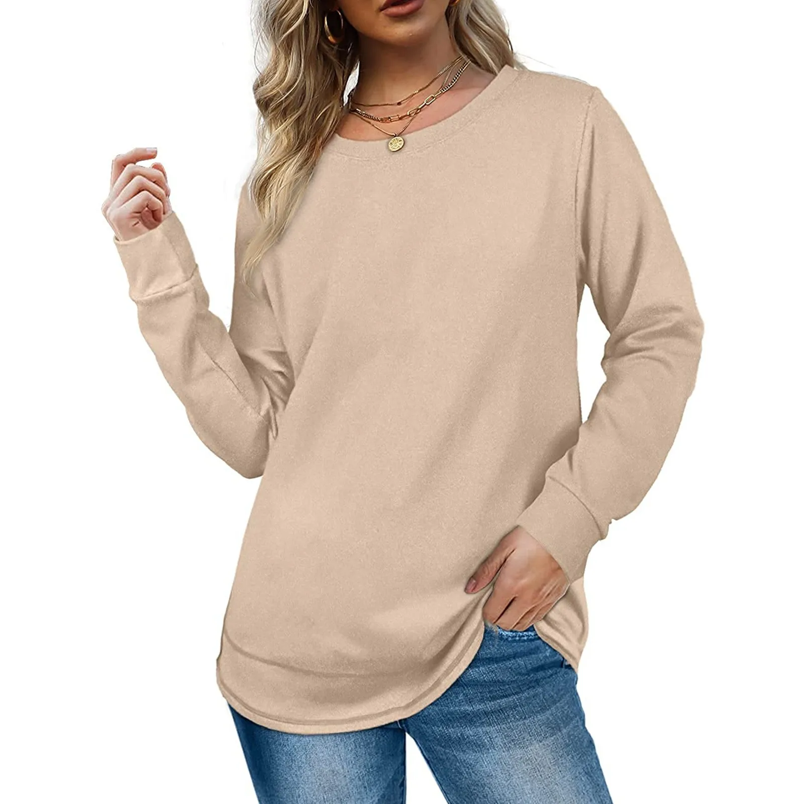 Women\'s Autumn Winter Sweatshirts Long Sleeve Shirts Solid Color Casual Tops Loose Casual Pullovers Tops Sweatshirt 2024