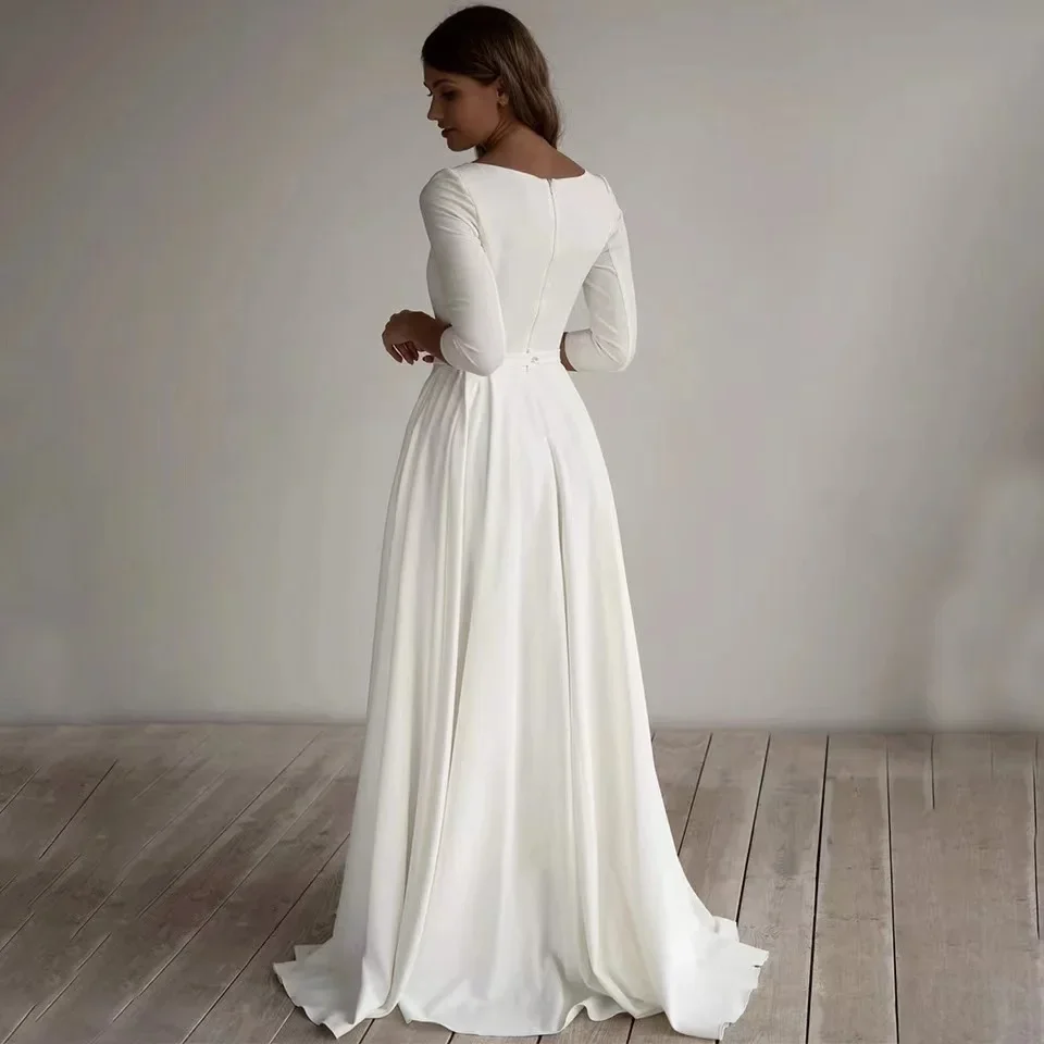 Roycebridal vestidos de casamento simples mangas compridas uma linha crepe barco pescoço elegante vestidos de noiva com bolsos plus size personalizado