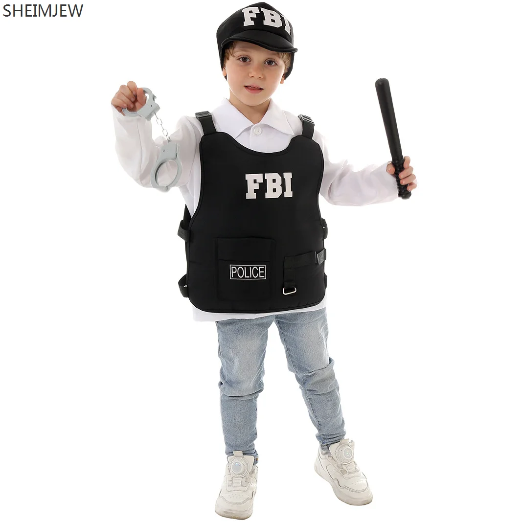 

New Children's Police Vest Performance Costumes Halloween Fbi Police Cosplay Outfit Carnival Party School Stage Showing Dress Up