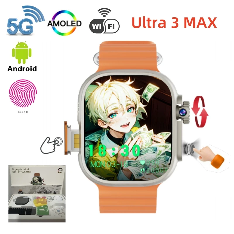 S10 Ultra 3 max SmartWatch 4G/5G Android OS GPS 2.2 بوصة AMOLED ساعة ذكية Play Store تحميل معرف اللمس بطاقة SIM WIFI الرجال النساء