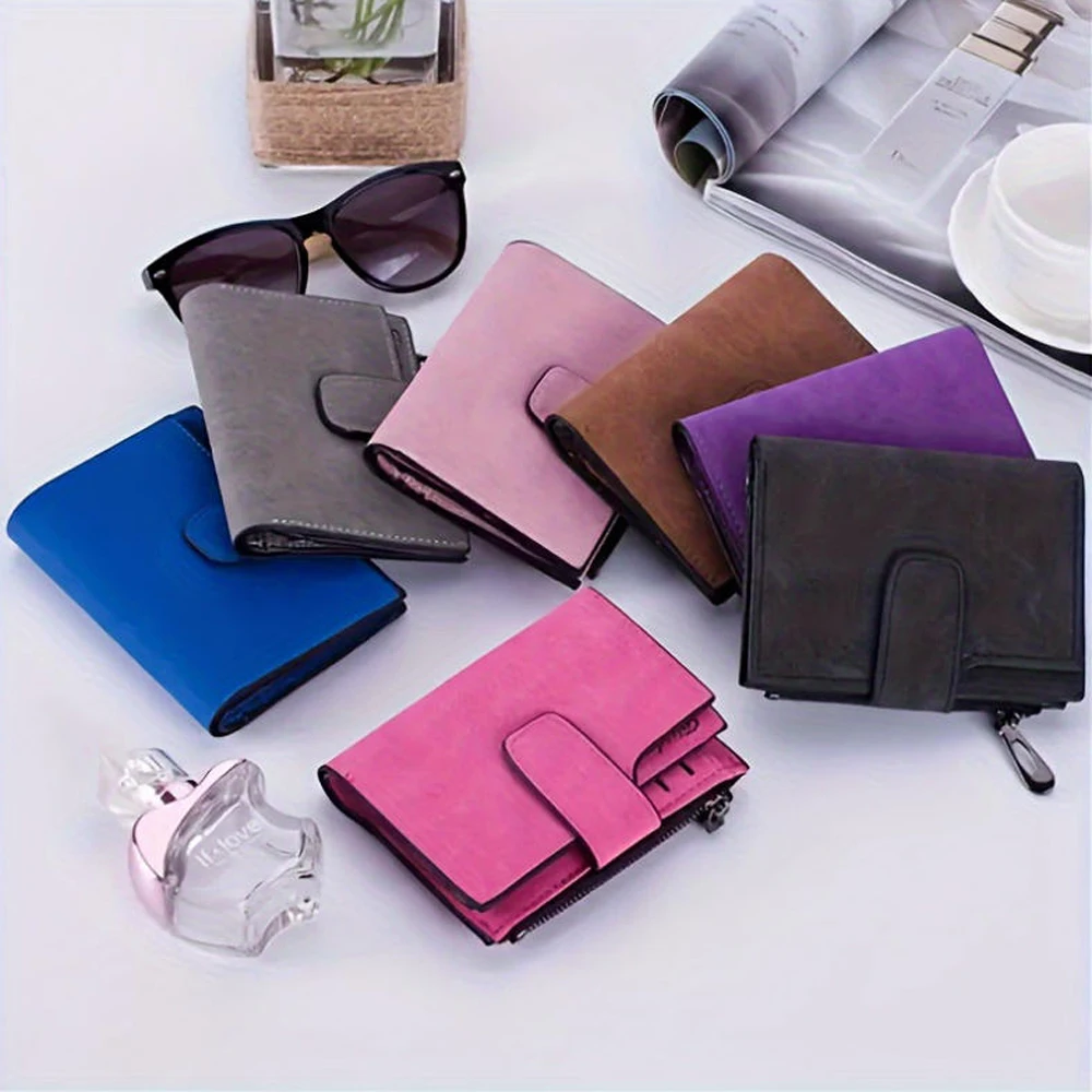 Women Short Wallet Coin Purse Multi-Card Holder Fashion Foldable Zipper Wallet PU Leather Solid Color Money Bag For Travel Daily