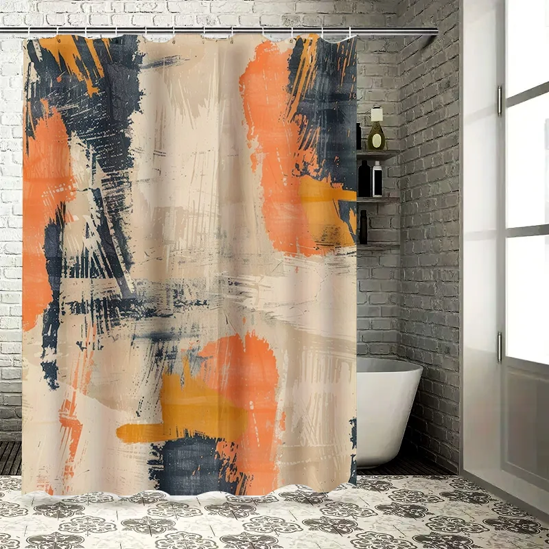 Cortina de ducha colorida moderna, decoración de baño color crema, naranja, negro y gris, cortina de ducha de tela impermeable para bañera