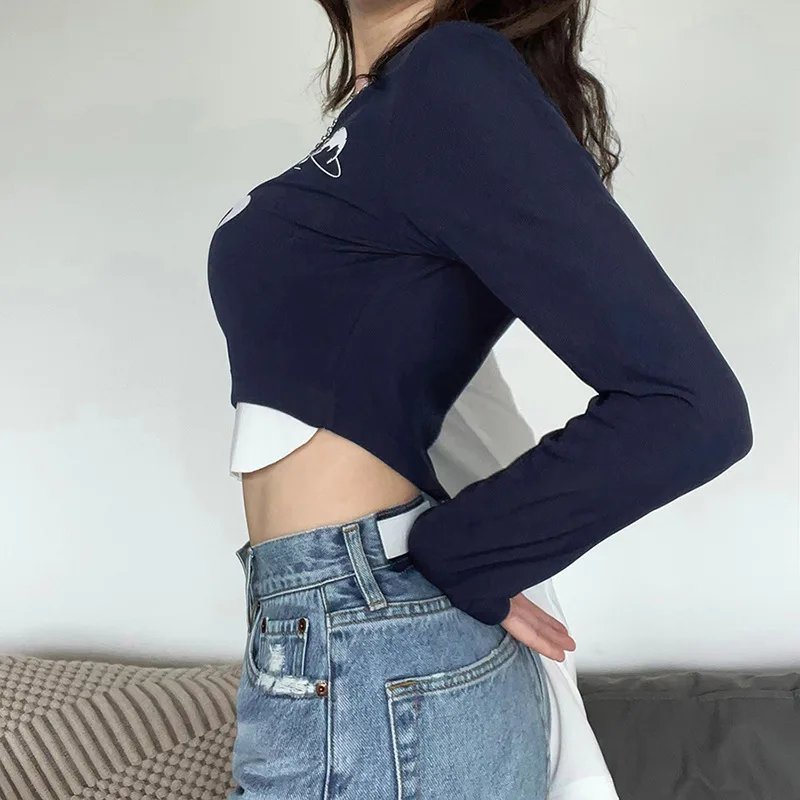 Blue Fake Two Short T-Shirts Street Fashion Y2k Long-Sleeved Navel Crop Top Female 2024 Casual Trend Tee Spring Women\'s Clothing