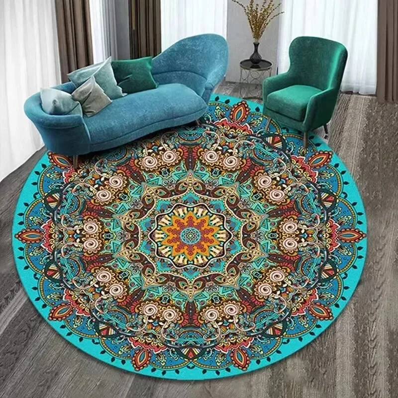 

VIKAMA Flannel Rug Boho Pattern Living Room Mat Round Rug Coffee Table Sofa Pad Stain Resistant Non-Slip Washable Mat Home Decor