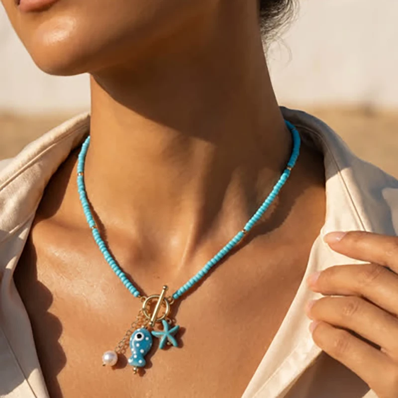 Bohemian Sea-Inspired Ceramic Fish & Starfish Pendant Necklace Red ,Turquoise Beads, Lightweight Beach Jewelry