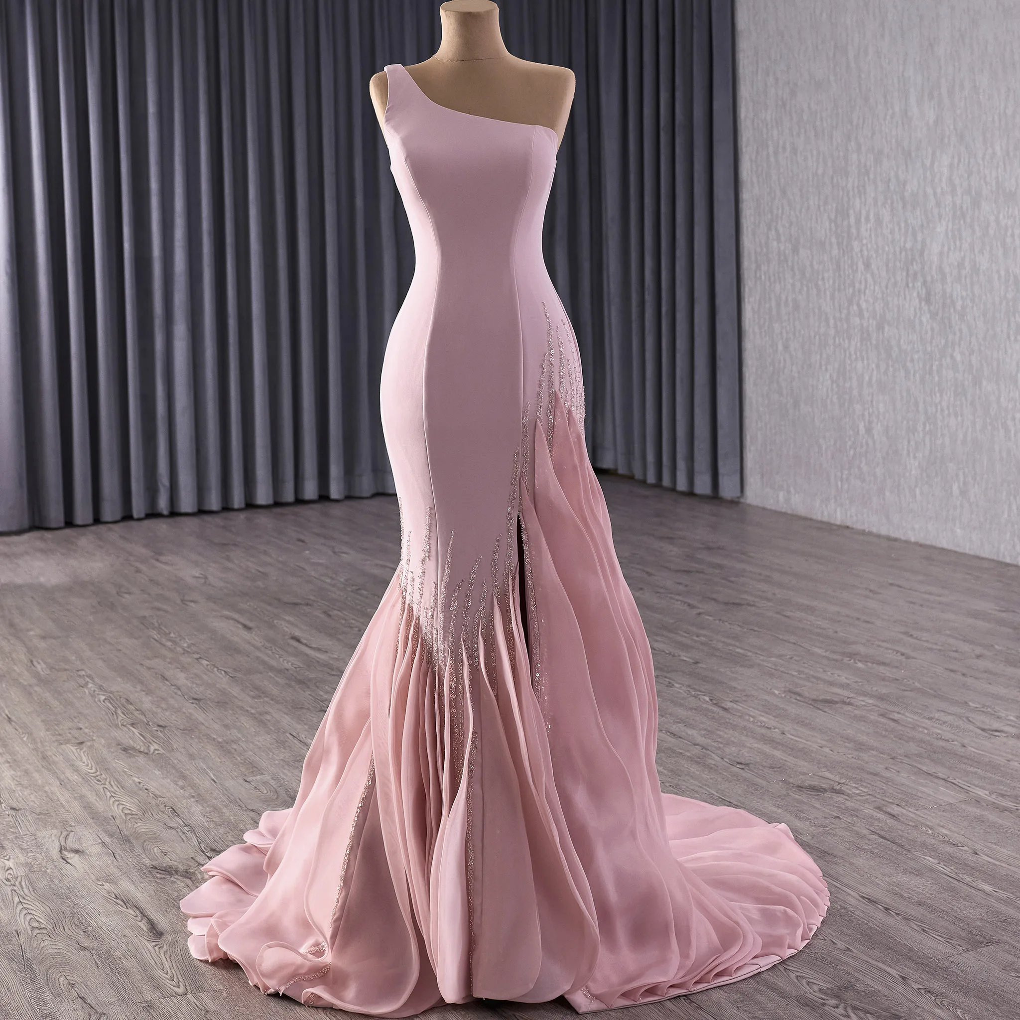 

Rosymae Blush Pink Ruffle Maxi Formal Gown One Shoulder Prom Dress Sparkling Beads Mermaid Style for Formal Events