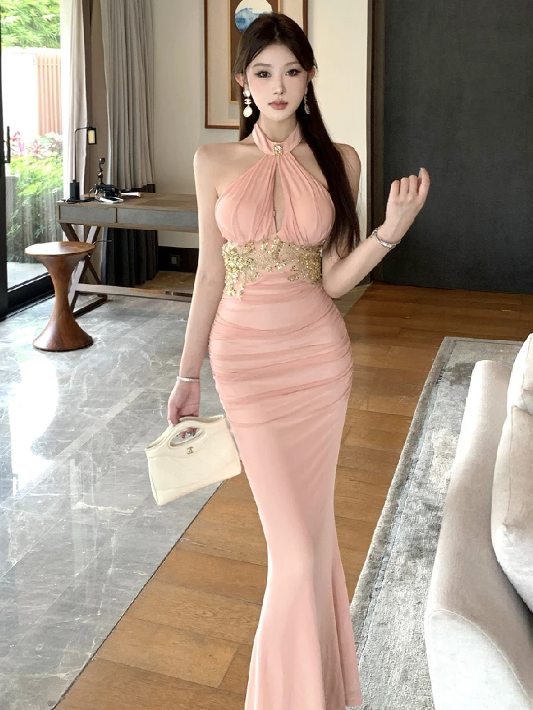 

Exquisite Heavy Embroidery Sequin Mermaid Dress Pure Desire Gentle Style Waist-Cinching Elegant Slimming Pleated Gown Long Dress