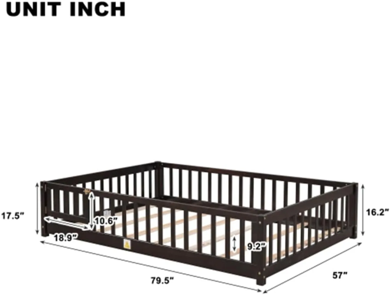 i-POOK Full Floor Bed for Children, Sturdy Wood Montessori Bed Frame with Wood Slats, Fence & Door, Montessori Floor Bed for