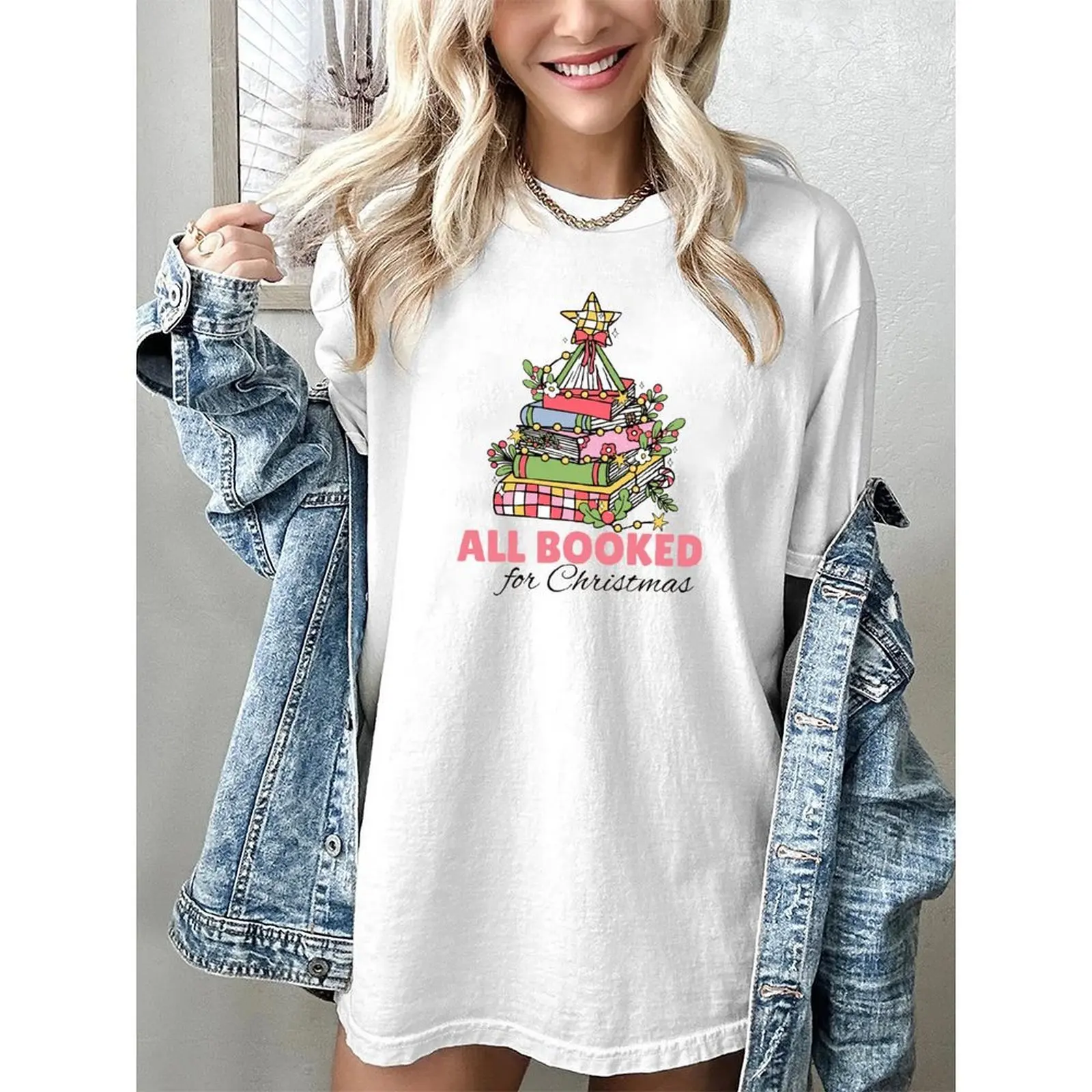 

Women's Short Sleeve Oversized Fashionable Casual Funny Christmas Print All Booked T-Shirts O-neck Tops Y2k Clothes