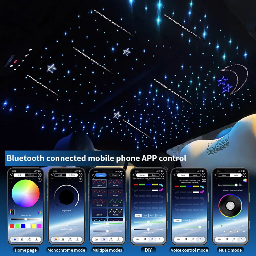 Led Star Roof Starlight Headliner RGB Remote Control Fiber Optic Lamp APP Voice 16W Twinkle Starry Sky Car Star Ceiling Light