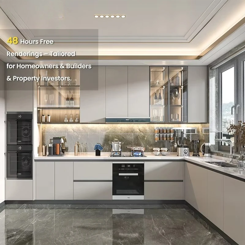 48 Hours Free Design Modern Custom L-shaped MDF Paint Kitchen Cabinet Set Modular Kitchen  Made In China