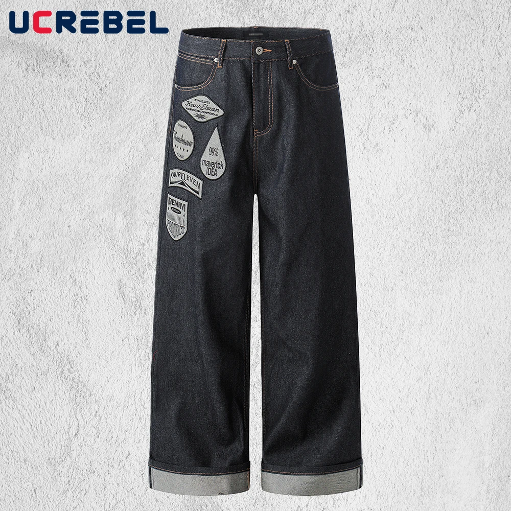 Patch Letter Embroidery Raw Jeans Mens Spliced Retro High Street Baggy Straight Wide Leg Denim Pants Man