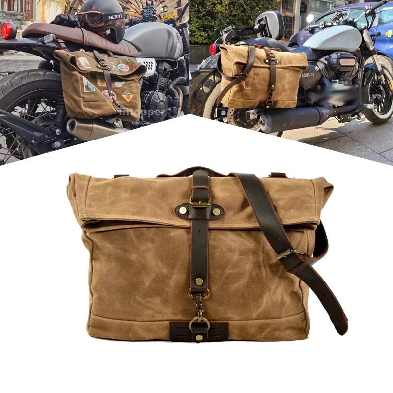 

Motorcycle Side Bag Saddlebag Retro Leather Moto Postman's Bag Waterproof Vintage Canvas Shoulder Bag Cowhide Tool Bag