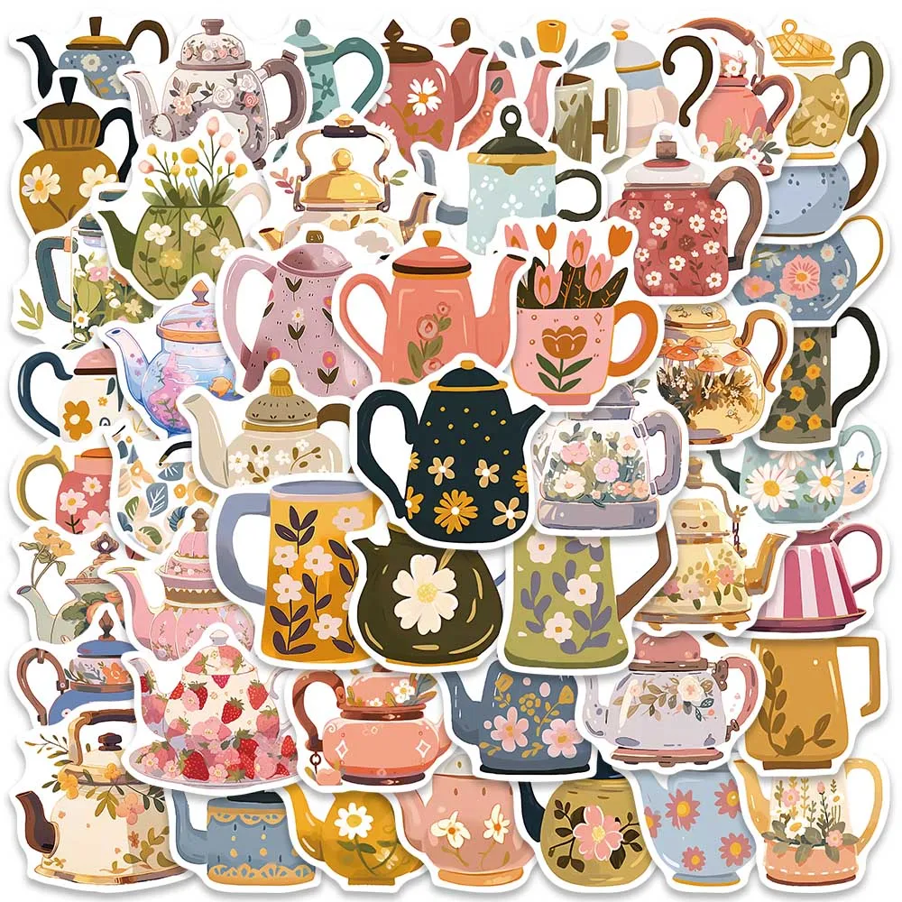 50pcs Cute Cartoon Fresh Flowers Teapot Stickers Vinyl Laptop Decals Luggage Guitar Phone Stationery Waterproof Graffiti