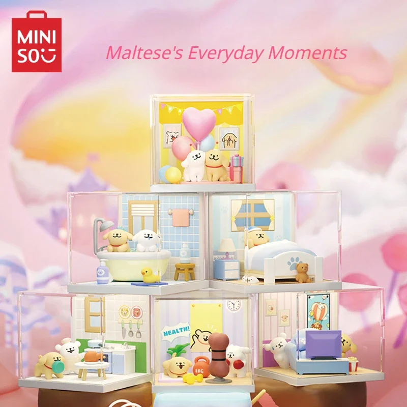 MINISO maltés's Everyday Moments Series Blind Box Line Puppy Toy Ornaments animación Peripheral Birthday Gift Decoration