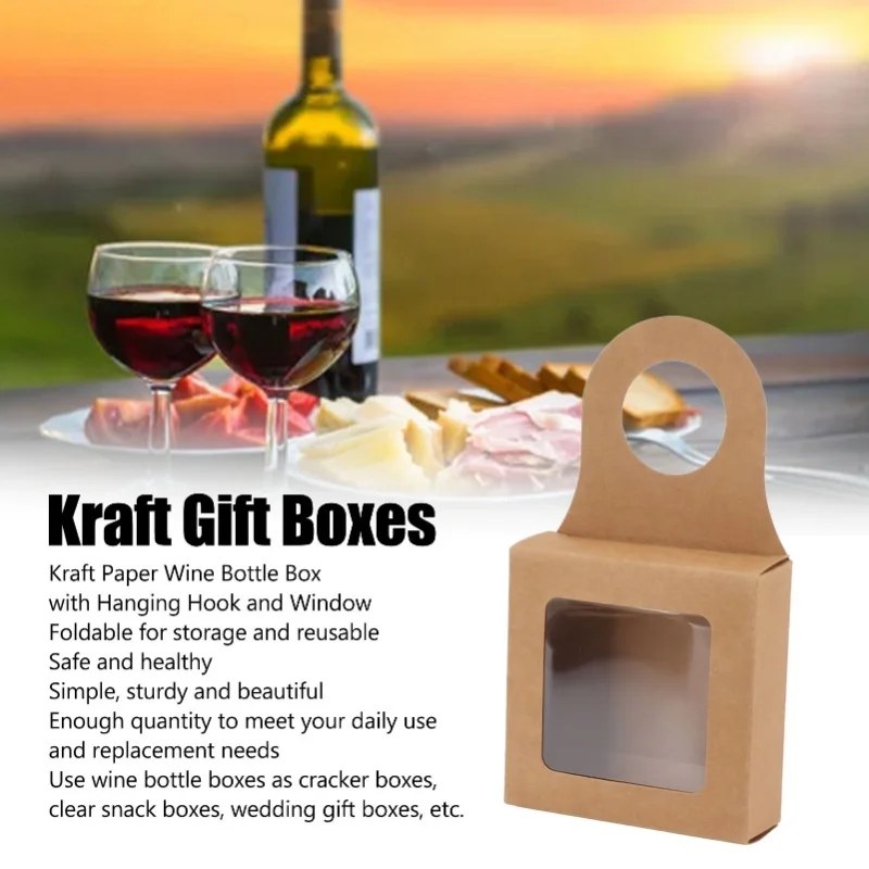 25 Count Kraft Paper Wine Bottle Box With Hanging Hook Window Foldable Kraft Gift Boxes