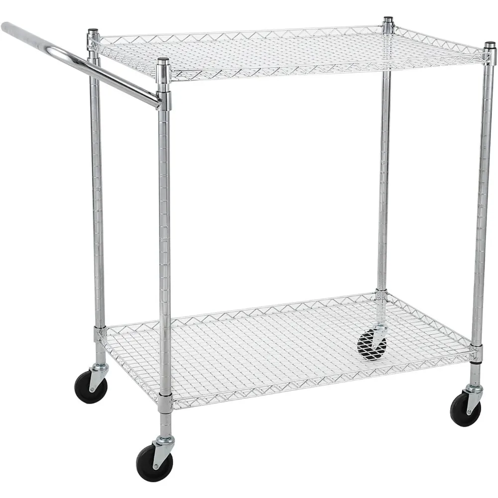 Chariot utilitaire à 2 niveaux avec roulettes, capacité de 1000 livres, chariot de stockage d'outils robuste avec barre de poignée, chariot de service en métal de qualité commerciale pour restaurant, garage, entrepôt, cuisine.