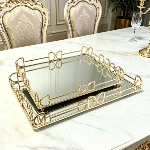 Luxury Gold Mirror Storage Tray Rectangle Glass Metal Jewelry Tray Large Capacity Square Makeup Snack Tray Tea Decoration