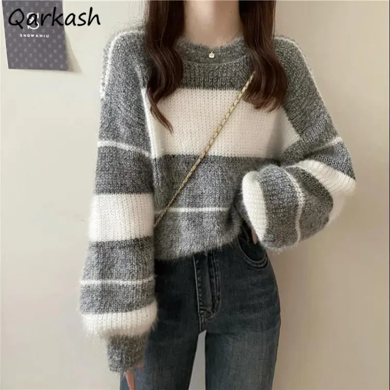 

Pullovers Sweaters Women Striped Aesthetic Baggy Temper O-neck Autumn Lazy Style Panelled Knitted Lady Harajuku Minority Daily