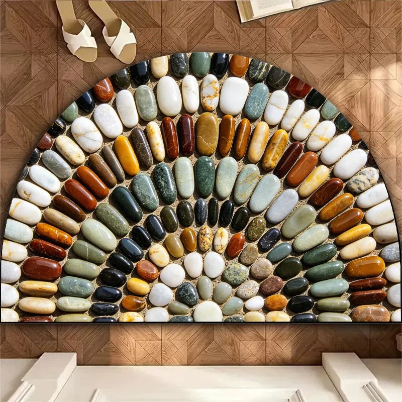 VIKAMA Natural Pebble Bath Mat – 3D Semi-Circle Stone Design, Non-Slip Absorbent Shower Rug