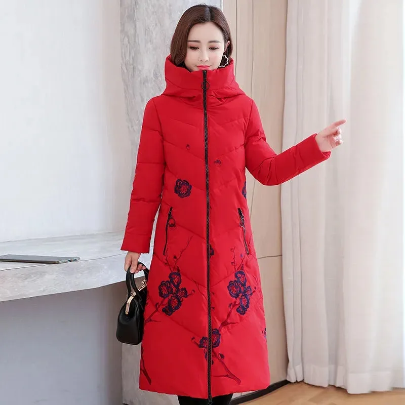 2024 New Women Parkas Winter Down Padded Jacket Hooded Embroidery Print Long Slim Cotton Coat Female Casual Thick Outerwear W075