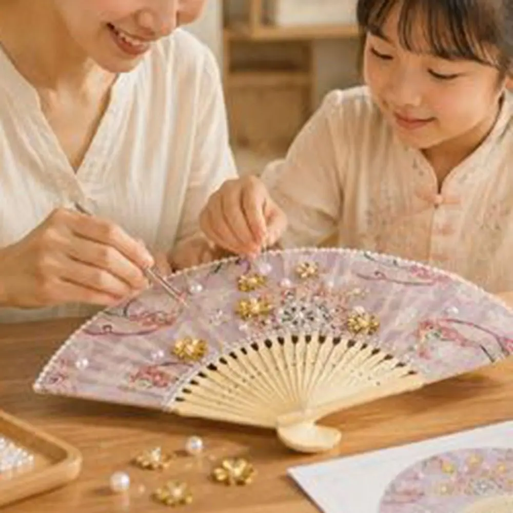 Traditional Pearl Folding Fan Butterfly Portable Floral Print Hand Fan DIY Craft Kit Fabric Chinese Style Fan Party Decoration