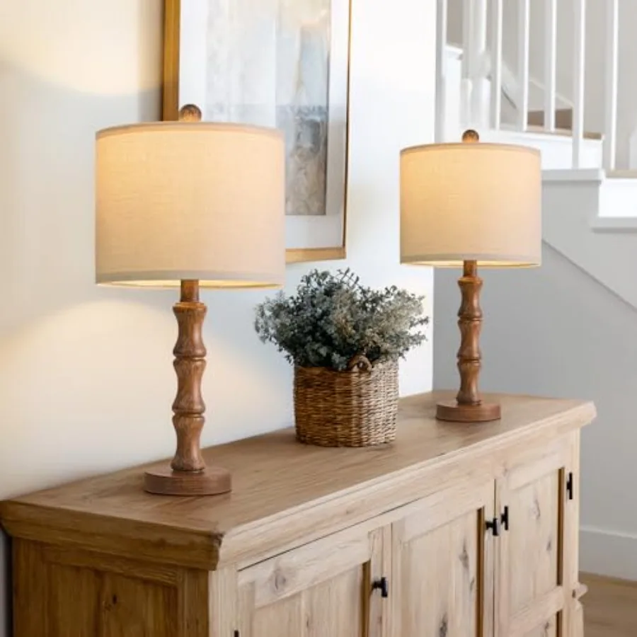 

20.5" Rustic Table Lamps Set of 2, Farmhouse Nightstand Lamp with Wood Grain Resin Base and Linen Shade, Small Bedside Lamp for